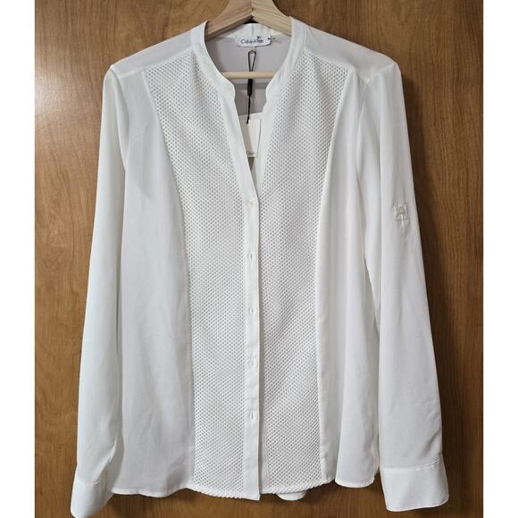 NWT Calvin Klein Women's White Non Iron Button Up Shirt M L Career Mesh Boho - Picture 1 of 6